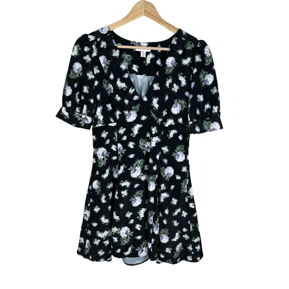 Topshop Bella V-Neck Mini Tea Dress In Blurred Floral Print Size 4 Black Purple